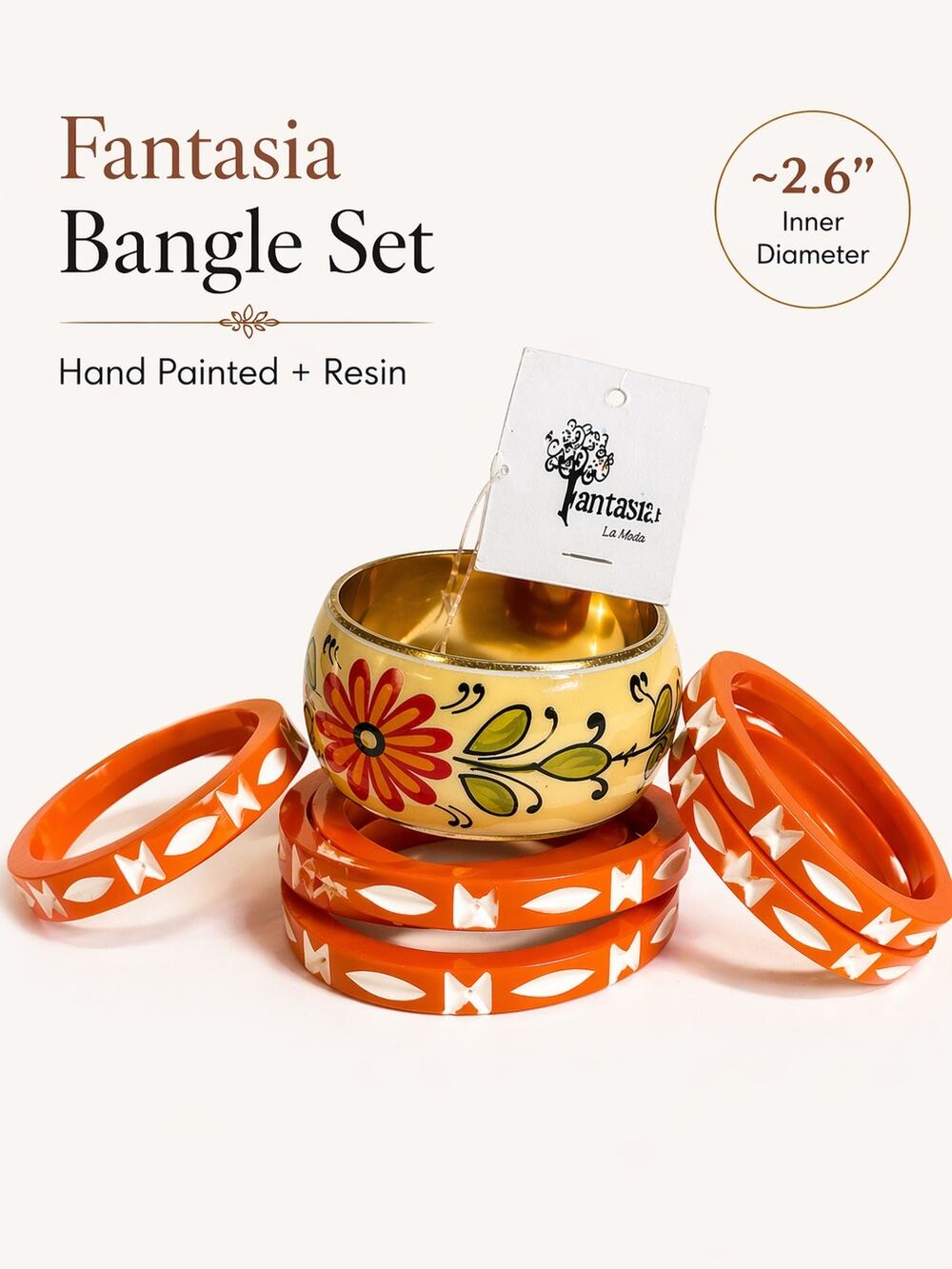 Fantasia Hand Painted Floral Bangle Set 5pc Orange Resin